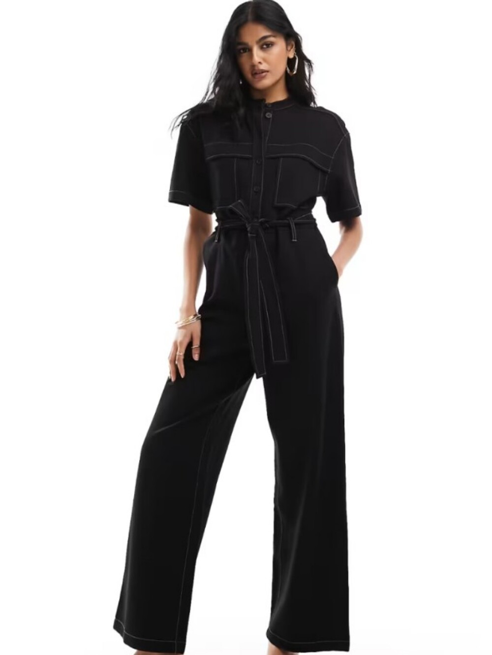 & Other Stories Black Short-Sleeve Button Jumpsuit with Tie Belt